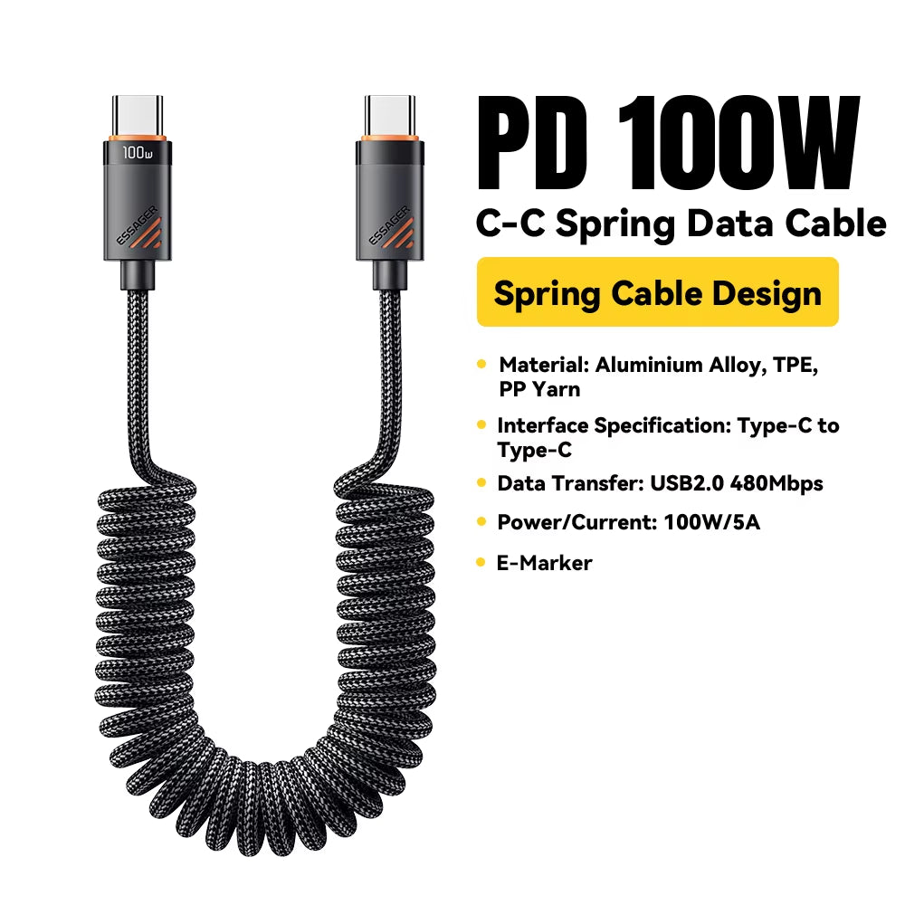 Car Spring Type C Cable for Iphone 16 15 Xiaomi Samsung 100W PD Fast Charging for Macbook Ipad Type C to Type C Cable