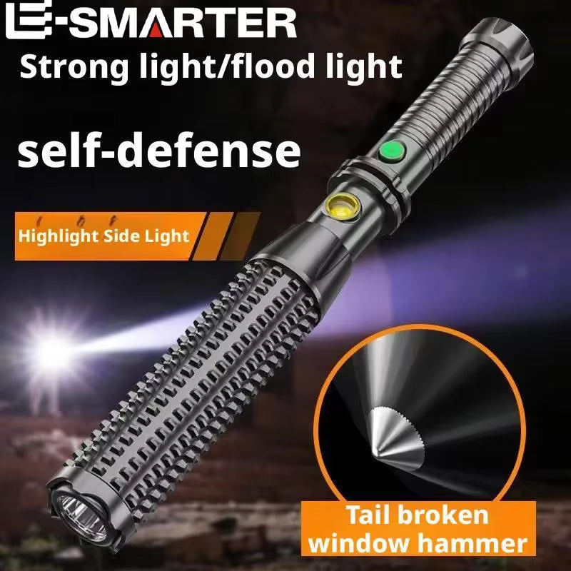 Defense Self-Defense Flashlight Rechargeable Tactical Long Handle Torch Outdoor Window Breaker Hammer Emergency Work Flashlight