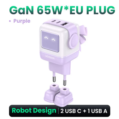65W Gan Charger Uno Robot Design PD Fast Charger PPS PD3.0 for Iphone 17 16 15 Fast Charge for Xiaomi Laptop Macbook Pro