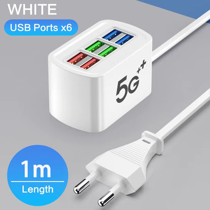 Fast USB Charger 6 in 1 Power Strip Desktop Charging Station Fast Charging 1M Cord USB HUB Adapter Socket for Iphone 16 Home
