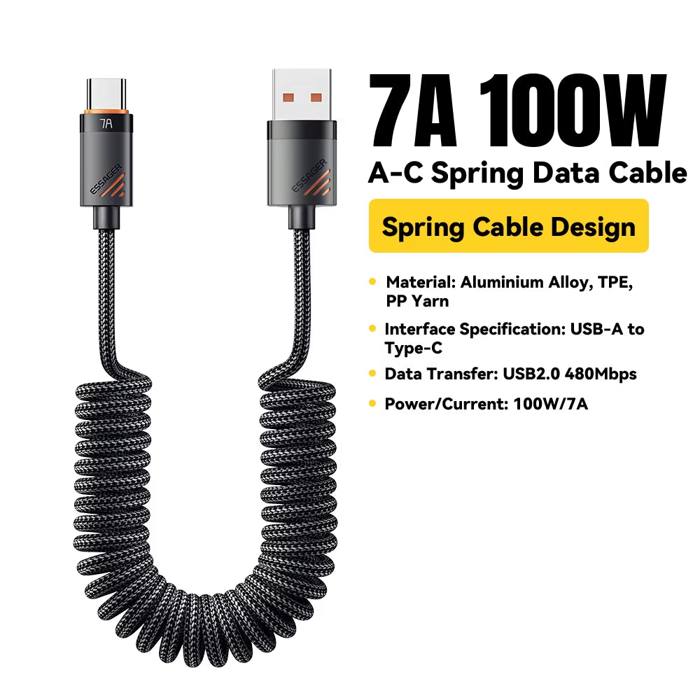 Car Spring Type C Cable for Iphone 16 15 Xiaomi Samsung 100W PD Fast Charging for Macbook Ipad Type C to Type C Cable