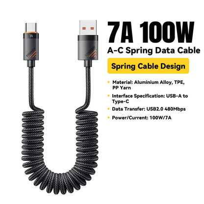 Car Spring Type C Cable for Iphone 16 15 Xiaomi Samsung 100W PD Fast Charging for Macbook Ipad Type C to Type C Cable
