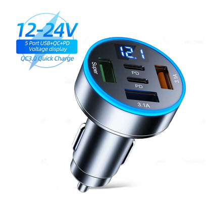 250W 5 Ports Car Charger Fast Charging PD QC3.0 USB C Car Phone Charger Adapter with Voltage for Iphone Samsung Huawei Xiaomi