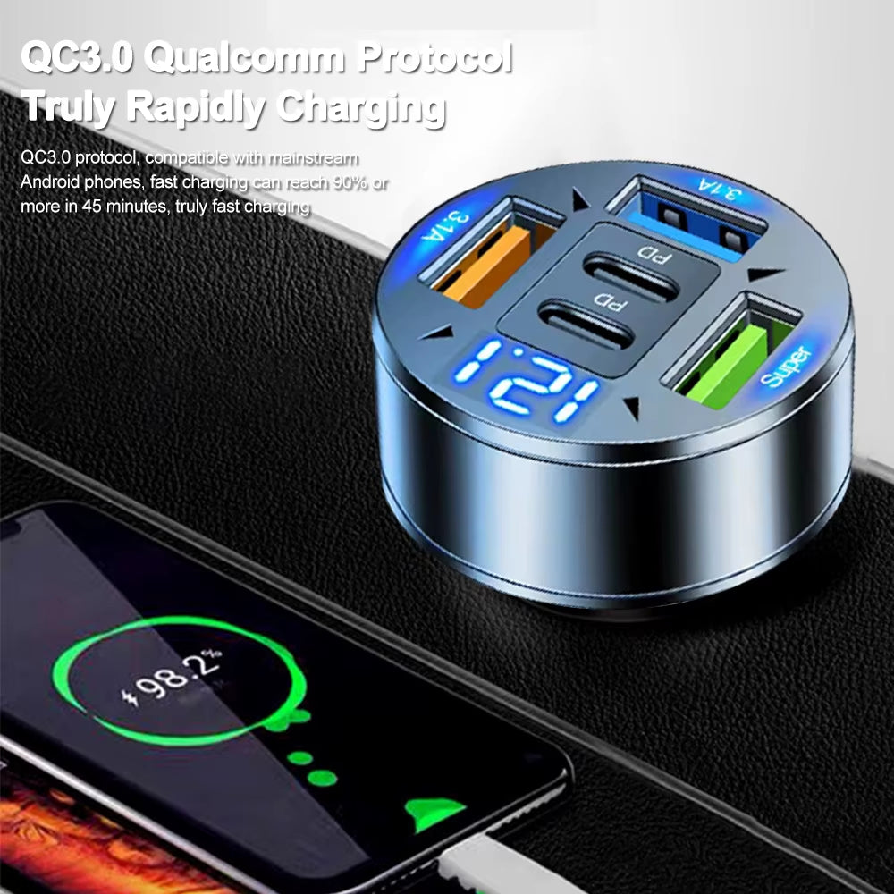 250W 5 Ports Car Charger Fast Charging PD QC3.0 USB C Car Phone Charger Adapter with Voltage for Iphone Samsung Huawei Xiaomi