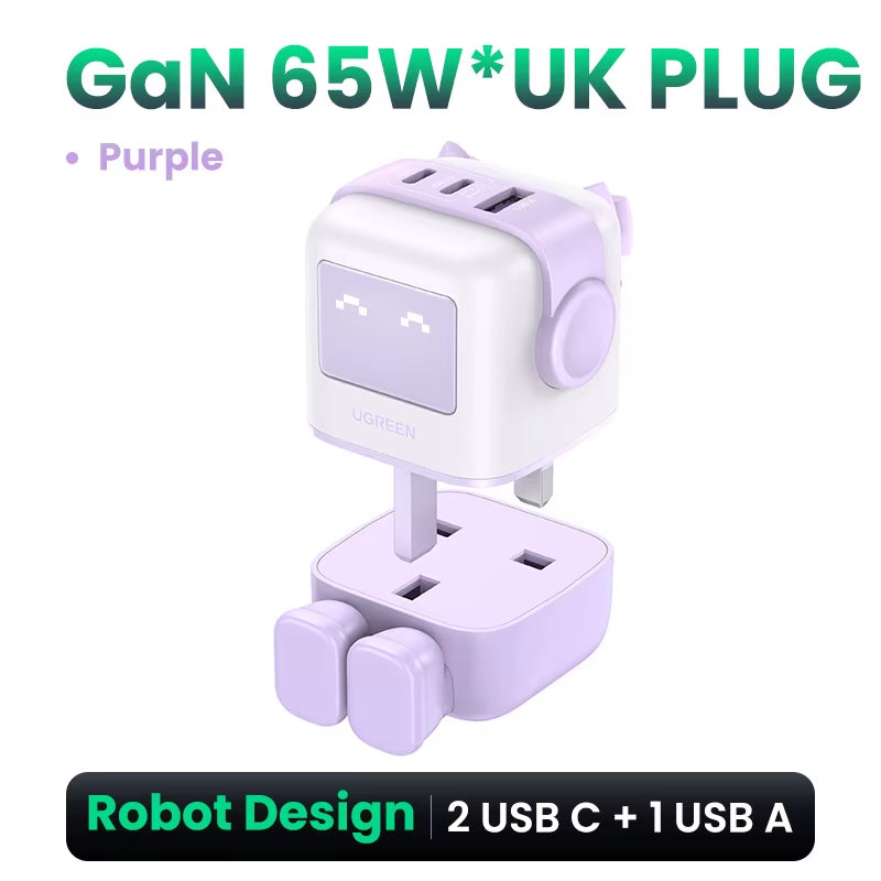 65W Gan Charger Uno Robot Design PD Fast Charger PPS PD3.0 for Iphone 17 16 15 Fast Charge for Xiaomi Laptop Macbook Pro