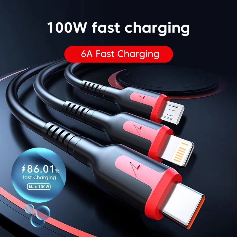 3 in 1 66W 6A Fast Charging USB Type C Cable Micro USB Cable for Iphone 14 Charging Cable for Samsung S24 Xiaomi Huawei USB Line