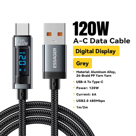 120W USB Type C Cable Fast Charging USB C Charger Cord for for Iphone 15 14 13 12 Huawei with Led Digital Display Cable