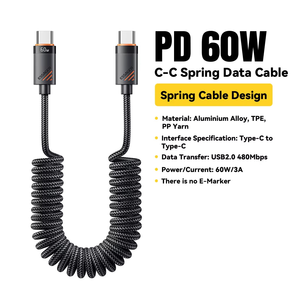 Car Spring Type C Cable for Iphone 16 15 Xiaomi Samsung 100W PD Fast Charging for Macbook Ipad Type C to Type C Cable