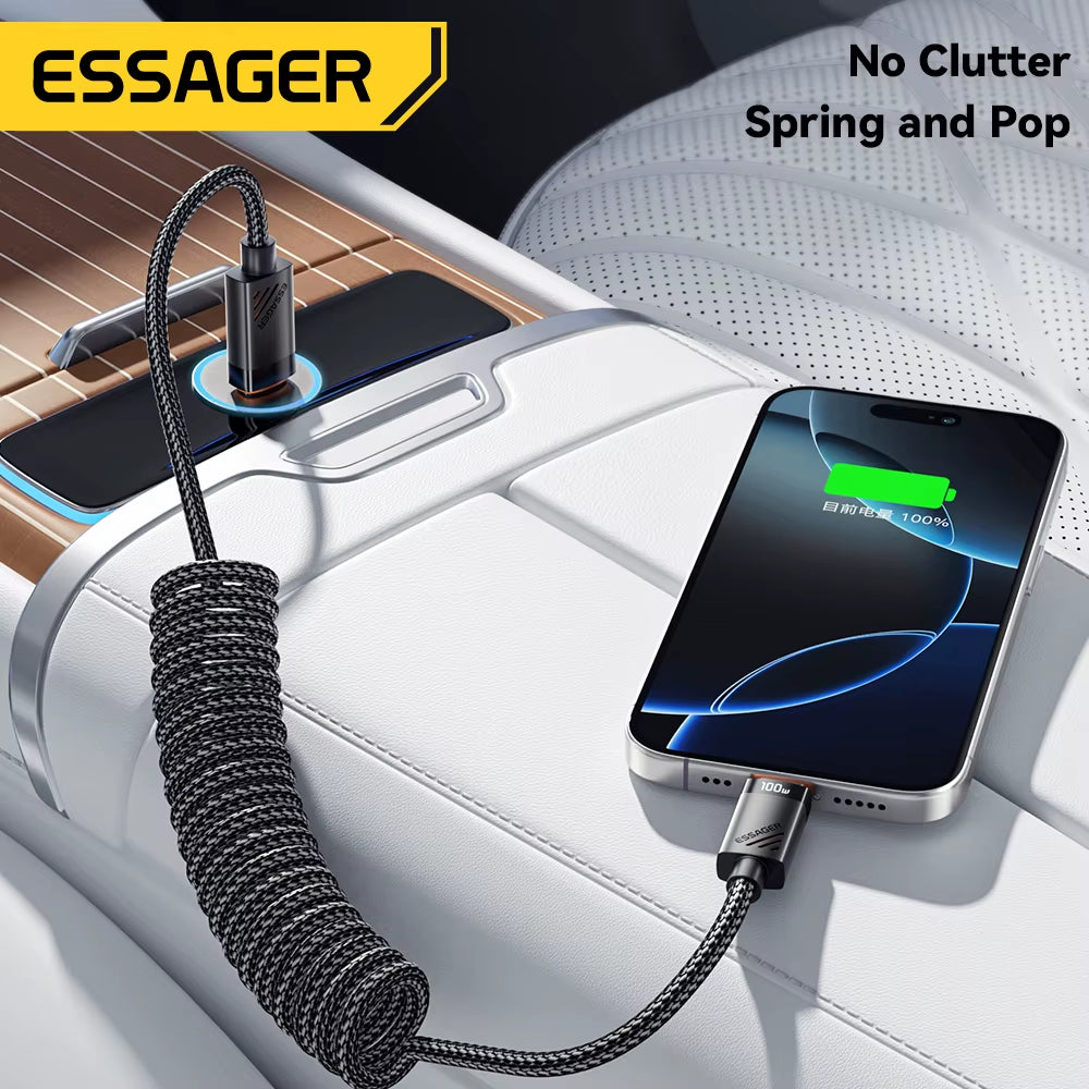 Car Spring Type C Cable for Iphone 16 15 Xiaomi Samsung 100W PD Fast Charging for Macbook Ipad Type C to Type C Cable