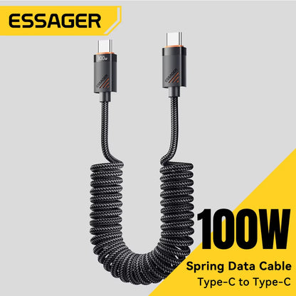 Car Spring Type C Cable for Iphone 16 15 Xiaomi Samsung 100W PD Fast Charging for Macbook Ipad Type C to Type C Cable