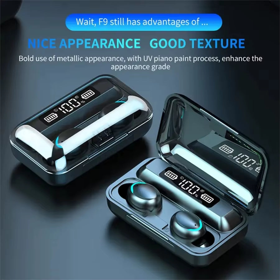 F9 TWS Wireless Bluetooth Headphones: Game Earbuds with Digital Display & Large-Capacity Charging Case