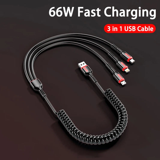 3 in 1 66W 6A Fast Charging USB Type C Cable Micro USB Cable for Iphone 14 Charging Cable for Samsung S24 Xiaomi Huawei USB Line